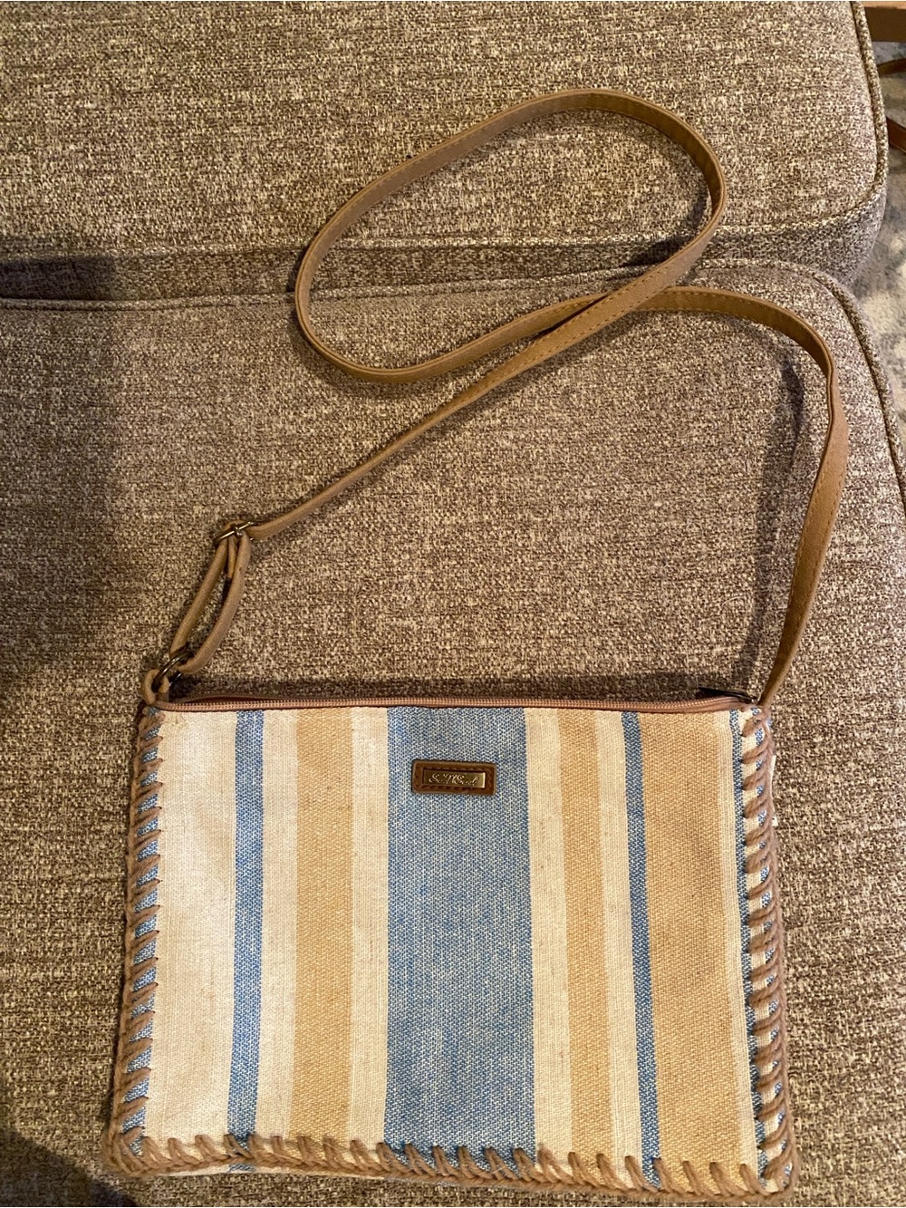 Striped Canvas Crossbody Bag with Leather Trim in Blue and Tan
